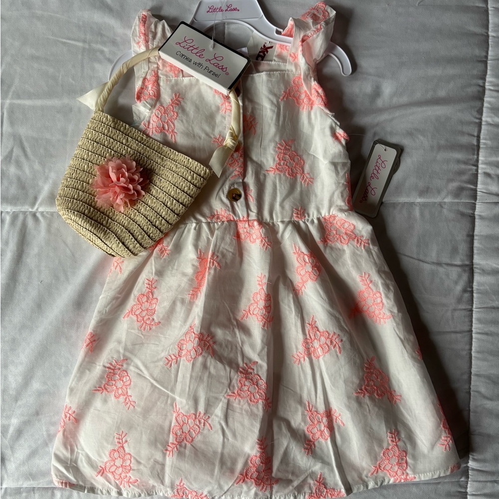 Little Lass White Dress with Pink Floral Embroidery and Coordinating Straw Bag